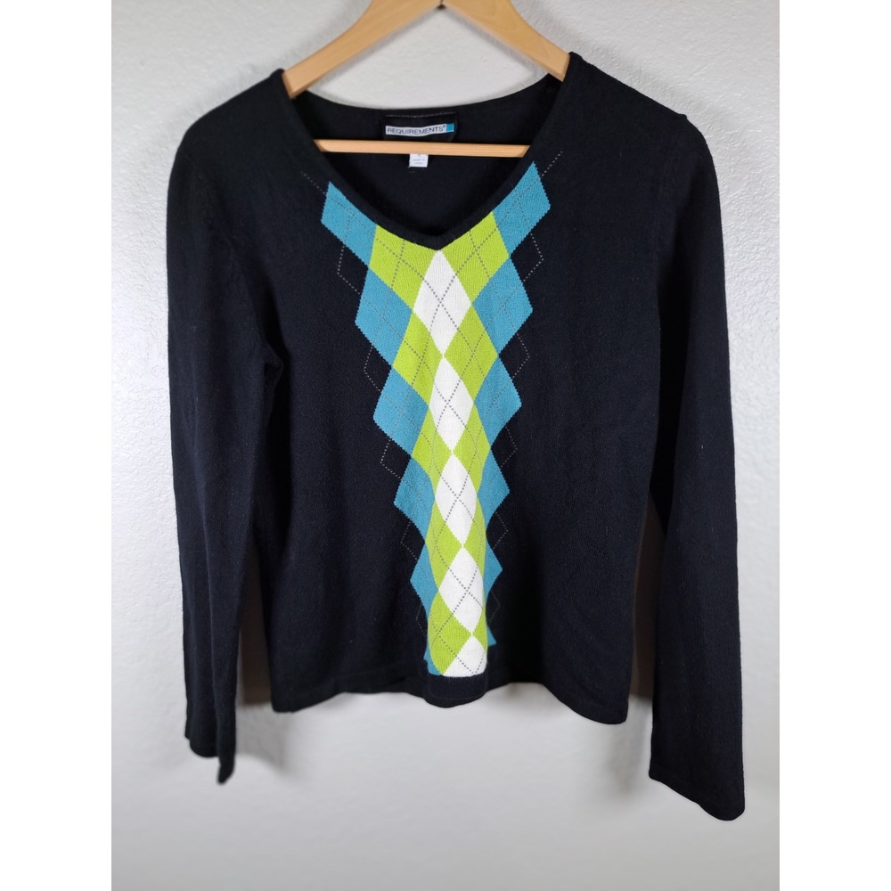 Requirements Womens Medium Black Argyle Knit Sweater Teal Lime Green Long Sleeve